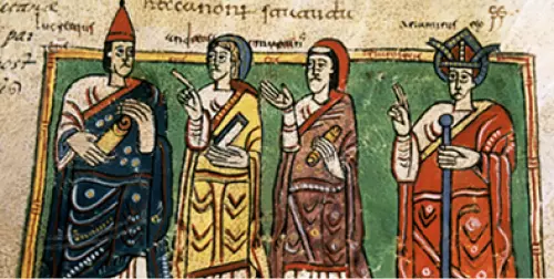 Miniatura medieval del primer concilio de Braga que muestra al rey suevo Ariamiro con los obispos Lucrecio, Andrés y Martín de Dumio.